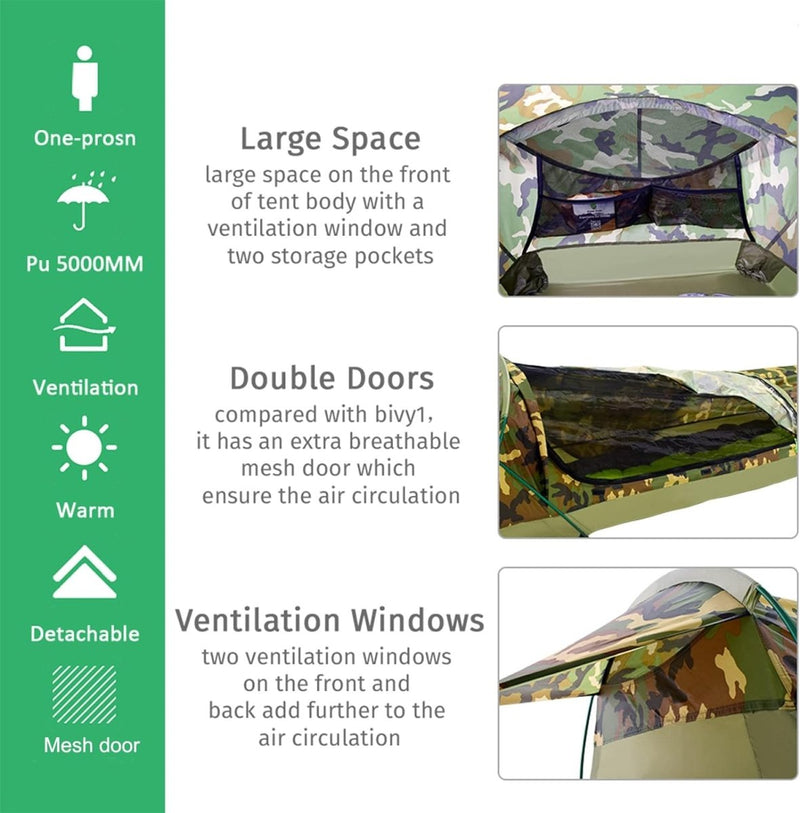 Laad afbeelding in Galerijviewer, De ultieme ultralichte 1-persoons waterdichte persoonlijke BIVY-tent is gemaakt van waterdicht polyester, met camouflagepatroon, dubbele ventilatieramen, dubbele deuren voor luchtstroom, opbergvakken en een ademende gaasdeur - ideaal voor lichtgewicht kampeeravonturen.
