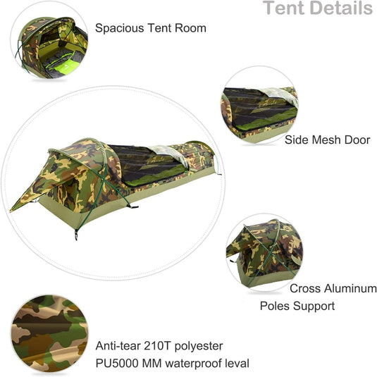 Afbeelding van "De ultieme ultralichte 1-persoons waterdichte persoonlijke BIVY tent" met ruim interieur, gaasdeur aan de zijkant en gekruiste aluminium paalsteun. Gemaakt van waterdicht 210T polyester met een PU5000 MM waterdicht niveau - perfect voor lichtgewicht kamperen.