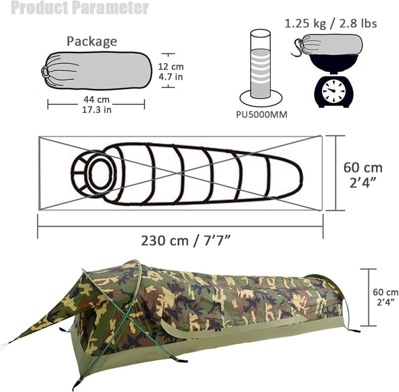 Laad afbeelding in Galerijviewer, De ultieme ultralichte 1-persoons waterdichte persoonlijke BIVY tent, ideaal voor lichtgewicht kamperen. Afmetingen: 230 x 60 cm, pakketmaat: 44 x 12 cm. Weegt slechts 1,25 kg, gemaakt van waterdicht polyester met PU5000MM-rating en wordt geleverd met een compacte cilinderbergtas.
