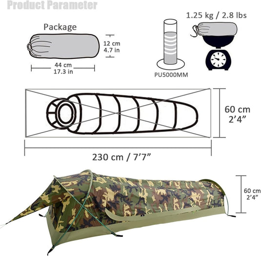 De ultieme ultralichte 1-persoons waterdichte persoonlijke BIVY tent, ideaal voor lichtgewicht kamperen. Afmetingen: 230 x 60 cm, pakketmaat: 44 x 12 cm. Weegt slechts 1,25 kg, gemaakt van waterdicht polyester met PU5000MM-rating en wordt geleverd met een compacte cilinderbergtas.