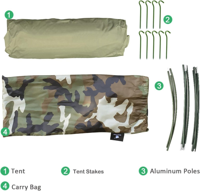 Laad afbeelding in Galerijviewer, De kampeeruitrusting bestaat uit de ultieme ultralichte 1-persoons waterdichte persoonlijke BIVY-tent, groene palen, gesegmenteerde aluminium palen en twee draagtassen – één in camouflagepatroon – ideaal voor lichtgewicht kampeeravonturen.
