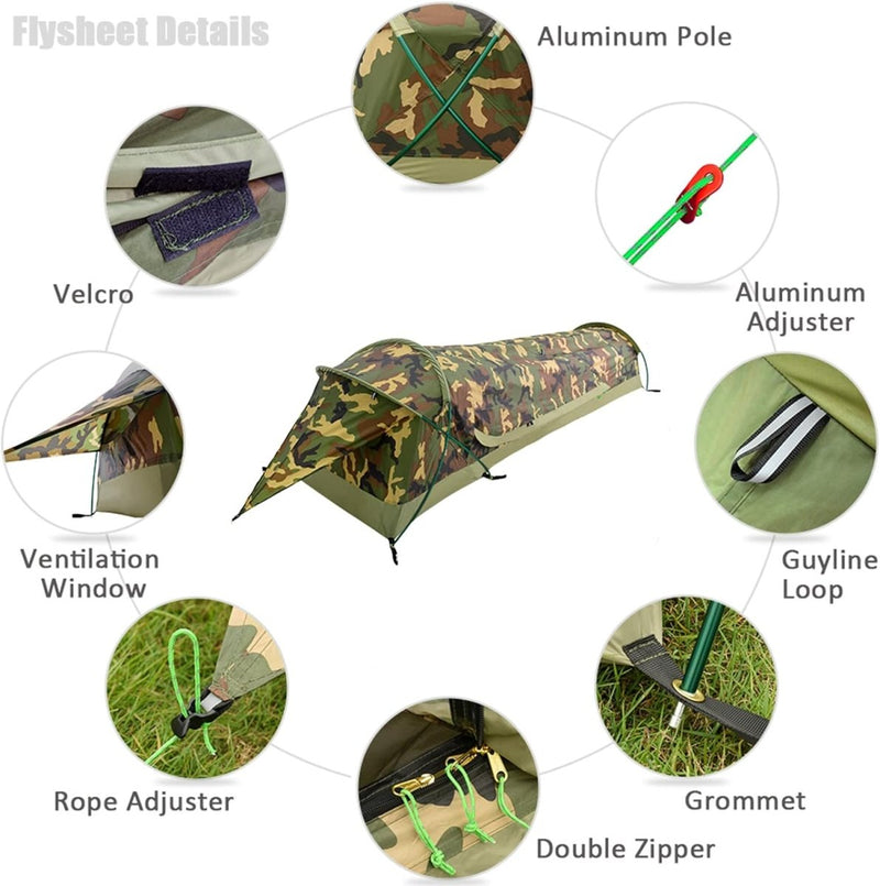 Laad afbeelding in Galerijviewer, Diagram van de &quot;Ultieme Ultralichte 1-persoons Waterdichte Persoonlijke BIVY Tent,&quot; met onderdelen: aluminium stok, klittenband, ventilatievenster, touwversteller, aluminiumversteller, scheerlijnlus, ring en dubbele rits. Perfect voor lichtgewicht kamperen met een waterdichte polyester buitenkant voor gebruik in alle weersomstandigheden.

