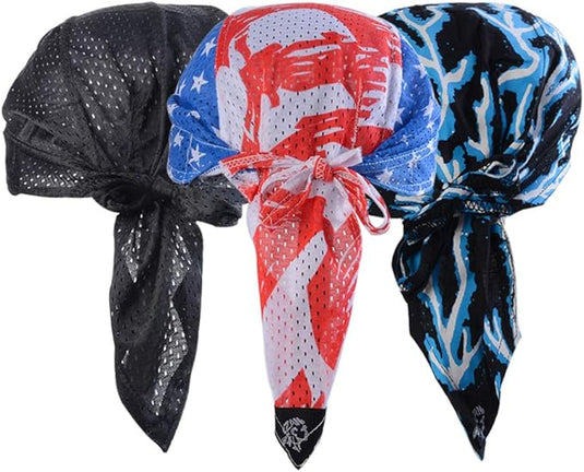 Getoond worden drie mesh durags uit de collectie "De ultieme multifunctionele bandana voor elke outdooractiviteit": zwart, rood en wit met patroon, en blauw met zwarte designs. Gemaakt van geïmpregneerd materiaal, bieden ze comfort en UV-bescherming op zonnige dagen.