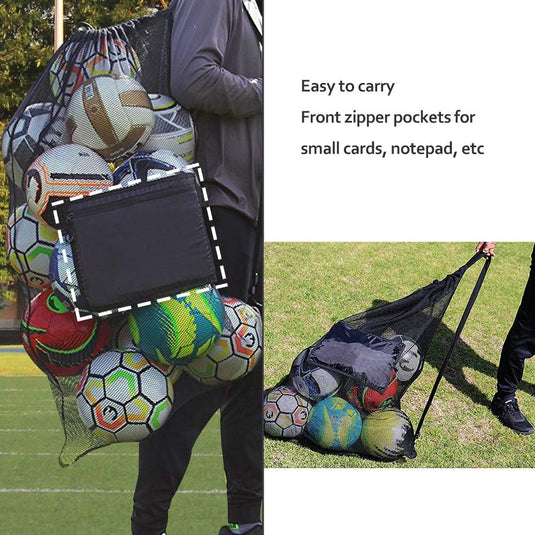 Een persoon draagt "De voetbaltas die je nodig hebt om je team te laten winnen", gemaakt van duurzaam nylon, waterbestendig, met een voorvak met ritssluiting, gevuld met sportballen.