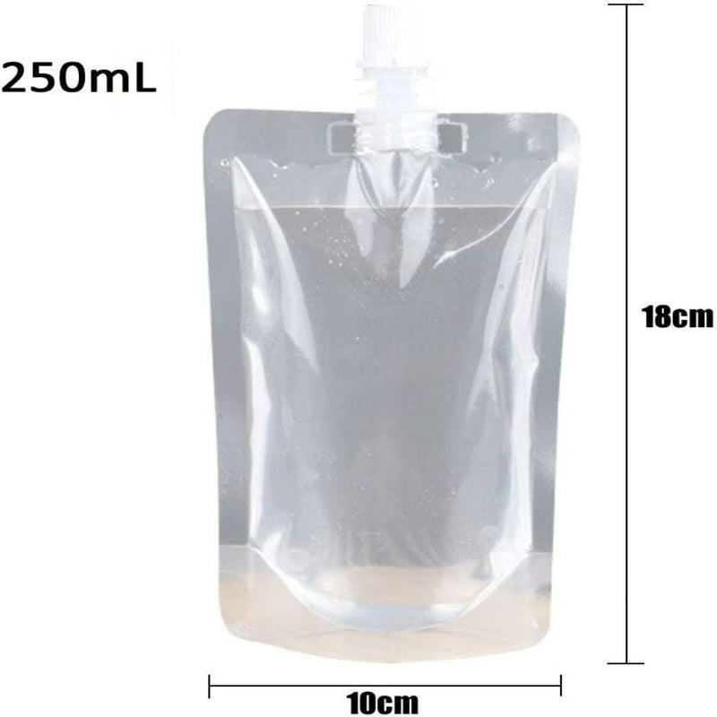 Load image into Gallery viewer, De Staande drinkzakken zijn veelzijdige, praktische, transparante stazakken van 250 ml met een tuit, 18 cm hoog en 10 cm breed. Ze zijn gemaakt van BPA-vrije materialen en dus lekvrij.

