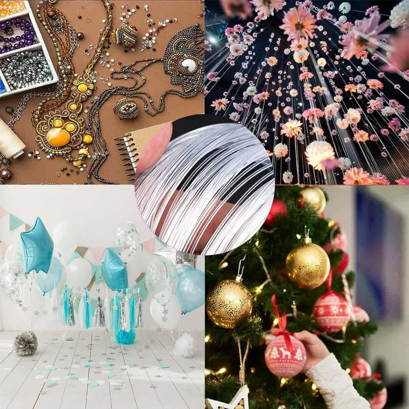 Laad afbeelding in Galerijviewer, Een collage met kralen en naaibenodigdheden, een bloemeninstallatie, kamerballonnen, levendige glasvezelkabels die hun breuksterkte van 21 kg laten zien, en een persoon die kerstboomversieringen schikt met &quot;Ontdek duurzaamheid en kracht van onze nylon vislijn&quot;, perfect voor alle avonturen.
