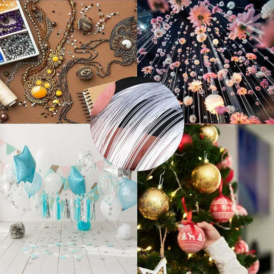 Een collage met kralen en naaibenodigdheden, een bloemeninstallatie, kamerballonnen, levendige glasvezelkabels die hun breuksterkte van 21 kg laten zien, en een persoon die kerstboomversieringen schikt met "Ontdek duurzaamheid en kracht van onze nylon vislijn", perfect voor alle avonturen.
