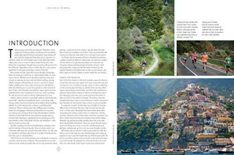 Load image into Gallery viewer, Magazine lay-out met tekst en afbeeldingen. Links: Inleidend artikel over &quot;Epic Runs of the World: Explore the World&#39;s Most Thrilling Running Routes and Trails.&quot; Rechtsboven: Mensen die buiten sporten op schilderachtige hardlooproutes. Rechtsonder: Kleurrijk heuvelachtig kustdorp, dat doet denken aan de reisgidsen van Lonely Planet.
