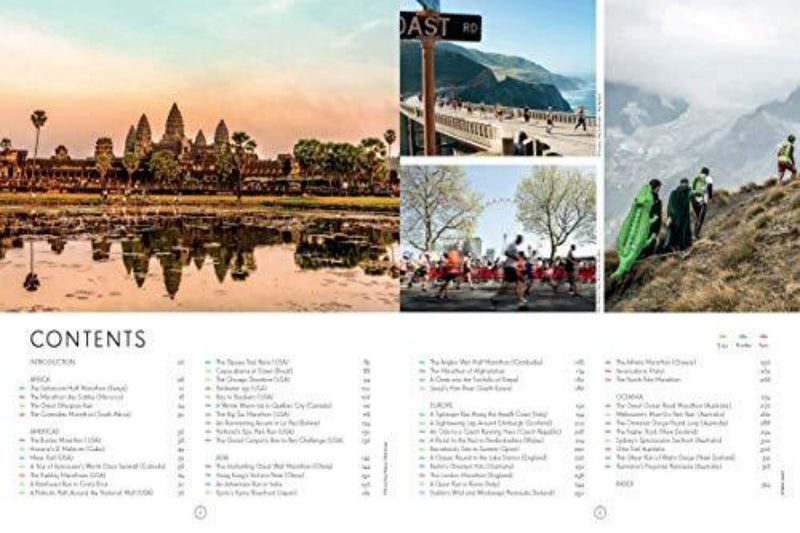 Load image into Gallery viewer, Afbeelding van de inhoudspagina van een boek met een fotocollage van Angkor Wat, een kustweg, een parade en bergen. De inhoudsopgave bevat reisbestemmingen en epische runs van &quot;Epic Runs of the World&quot;, met spannende hardlooproutes geïnspireerd op Lonely Planet-routes.
