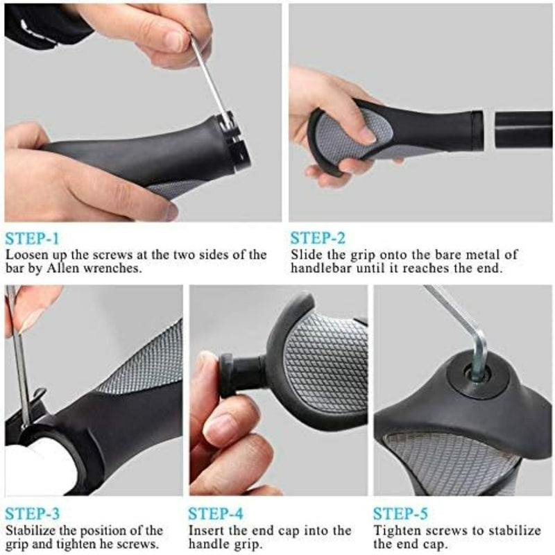 Load image into Gallery viewer, Ontdek de vijfstappengids, met afbeeldingen, om je fietsstuurgreep te bevestigen met een inbussleutel. Met MTB handvatten: ergonomie, comfort en prestaties voor elke rit, bieden deze handvatten een ergonomisch ontwerp en antislip rubber voor maximaal comfort en controle.
