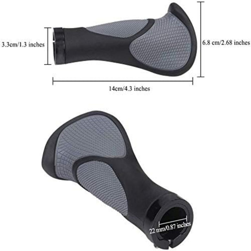 Load image into Gallery viewer, De &quot;Mtb handvatten: ergonomie, comfort en prestaties voor elke rit&quot; hebben een ergonomisch design, zijn 14 cm lang met uiteinden die verwijden van 3,3 cm tot 6,8 cm. Ze hebben een grijs gestructureerd oppervlak, zwarte basis en een opening van 22 mm voor een veilige pasvorm, gemaakt van antisliprubber voor betrouwbare grip bij elke rit.
