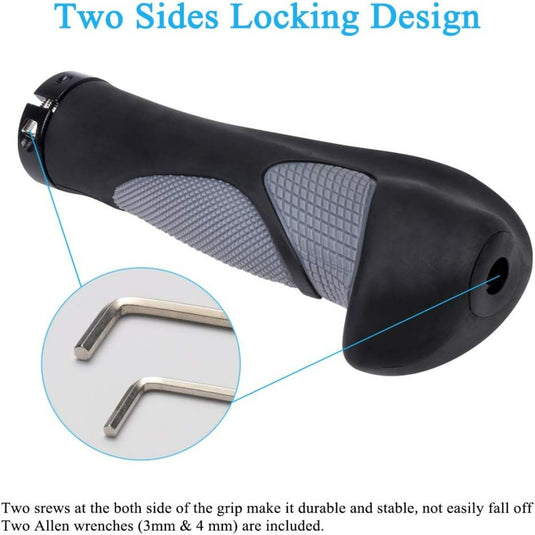Een ergonomische MTB-handvatten in de kleur zwart en grijs met een vergrendeling aan twee kanten, antislip rubberen textuur, inclusief inbussleutels van 3 mm en 4 mm, ideaal voor MTB-liefhebbers die op zoek zijn naar comfort en controle.