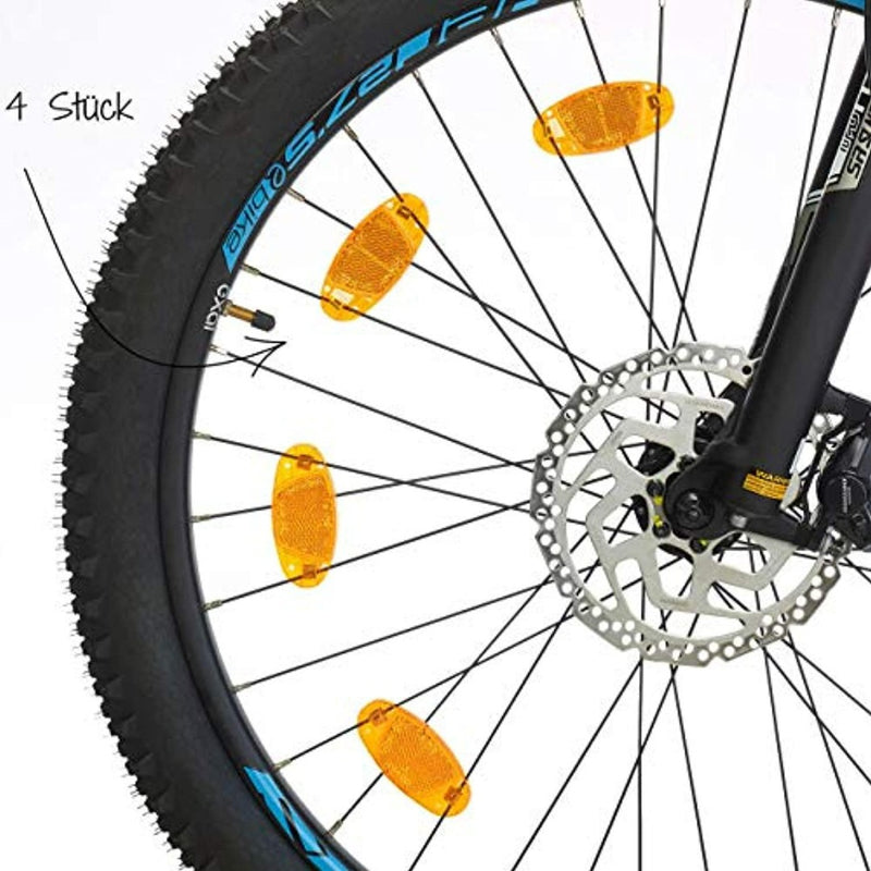 Load image into Gallery viewer, Close-up van een fietswiel met schijfrem en levendige oranje fietsreflectoren op de spaken, wat de veiligheid &#39;s nachts vergroot. Een label onthult vier reflectoren. Product: Verhoog je zichtbaarheid in het donker met de fietsreflectorset!.
