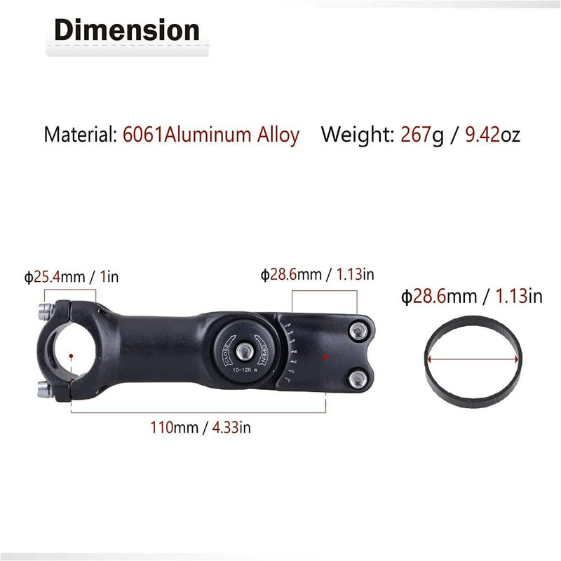 Load image into Gallery viewer, De Verstelbare stuurpen biedt een perfecte fietspositie met een lengte van 110 mm, diameters van 25,4 mm en 28,6 mm, gemaakt van 6061 aluminiumlegering en weegt slechts 267 g (9,42 oz). Het heeft een rond component voor extra comfort.
