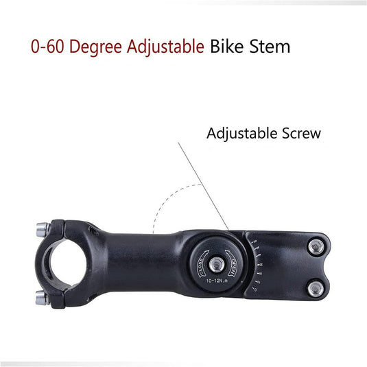 De "Verstelbare stuurpen: de perfecte stuurpositie voor elke fietser" is een zwarte 6061 aluminium stuurpen met een verstelbare hoek van 0-60 graden voor optimaal comfort, en is voorzien van een duidelijk gelabelde stelschroef.