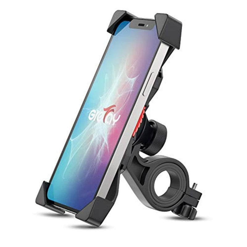 Laad afbeelding in Galerijviewer, De stevige &quot;De ultieme stevige fiets telefoonhouder voor veilig fietsplezier&quot; bestaat uit een zwarte smartphonehouder gemonteerd op een ronde klem met een verstelbare knop, die 360° rotatie mogelijk maakt. De universele compatibiliteit zorgt ervoor dat uw apparaat tijdens elke rit veilig blijft.
