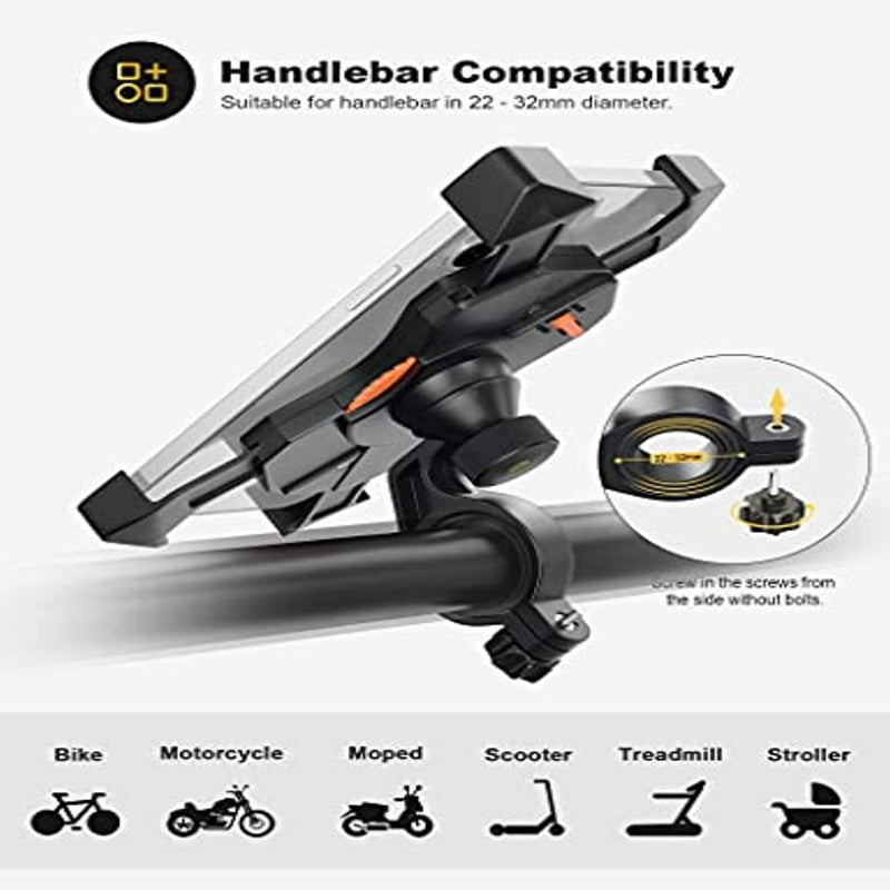 Laad afbeelding in Galerijviewer, De &quot;De ultieme stevige fiets telefoonhouder voor veilig fietsplezier&quot; biedt universele compatibiliteit en kan worden bevestigd aan sturen van 22-32 mm. Het is ideaal voor fietsen, motorfietsen, bromfietsen, scooters, loopbanden en kinderwagens. Geniet van 360° rotatie voor aanpasbaar kijken onderweg.
