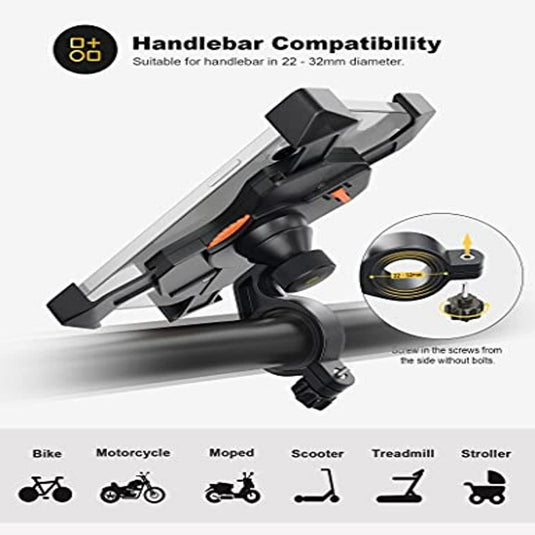 De "De ultieme stevige fiets telefoonhouder voor veilig fietsplezier" biedt universele compatibiliteit en kan worden bevestigd aan sturen van 22-32 mm. Het is ideaal voor fietsen, motorfietsen, bromfietsen, scooters, loopbanden en kinderwagens. Geniet van 360° rotatie voor aanpasbaar kijken onderweg.