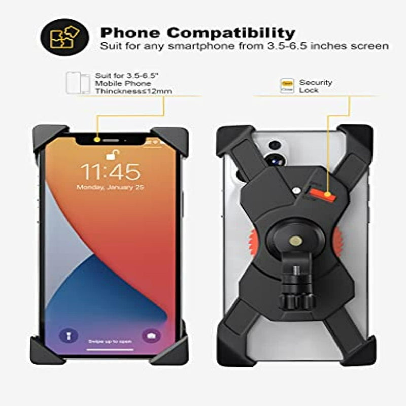 Laad afbeelding in Galerijviewer, De &quot;De ultieme stevige fiets telefoonhouder voor veilig fietsplezier&quot; biedt universele compatibiliteit voor 3,5-6,5 inch schermen, heeft een veiligheidsslot en maakt 360° rotatie mogelijk, getoond met een smartphone vanuit voor- en achterhoeken.
