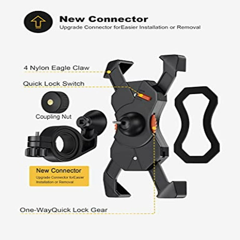 Laad afbeelding in Galerijviewer, Illustratie van het connectorcomponent voor &quot;De ultieme stevige fiets telefoonhouder voor veilig fietsplezier&quot;, inclusief vier nylon adelaarsklauwen, een snelvergrendelingsschakelaar, koppelmoer, een eenrichtingssnelvergrendeling met een zwarte rubberen band en 360° rotatie voor universele compatibiliteit.
