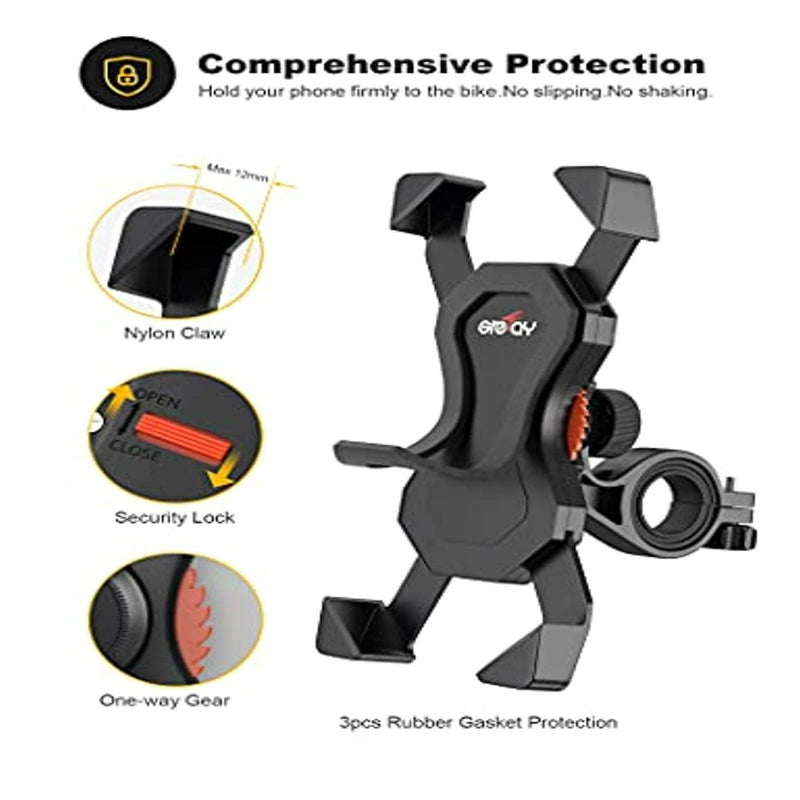 Laad afbeelding in Galerijviewer, De ultieme stevige fiets telefoonhouder voor veilig fietsplezier bevat een nylon klauw, veiligheidsslot, eenrichtingsversnelling, 360° rotatie en universele compatibiliteit. Het wordt geleverd met drie rubberen pakkingen om ervoor te zorgen dat uw telefoon veilig blijft tijdens elke rit.
