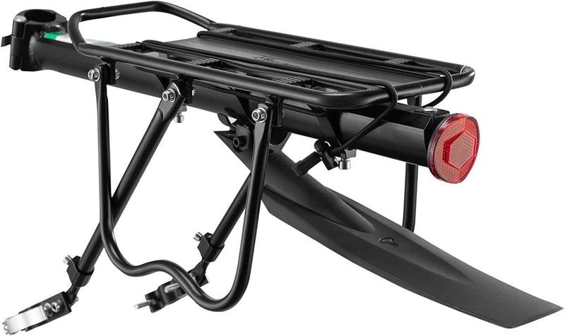 Laad afbeelding in Galerijviewer, De &quot;Ontdek de ultieme fiets bagagedrager voor mountainbike&quot; is een zwarte bagagedrager met ingebouwd spatbord en reflector, voorzien van verstelbare metalen steunen en montagebeugels voor universele compatibiliteit.
