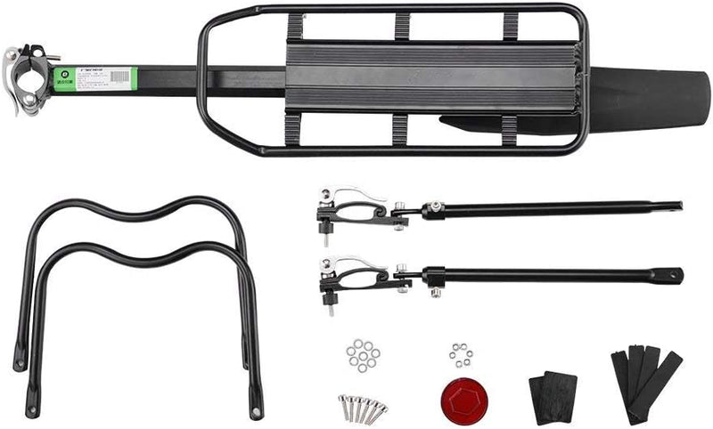 Laad afbeelding in Galerijviewer, Ontdek de ultieme fiets bagagedrager: een robuust zwart metalen frame met steunen, klemmen, schroeven, moeren en stevige strips. Universele compatibiliteit met mountainbikes en andere fietsen.
