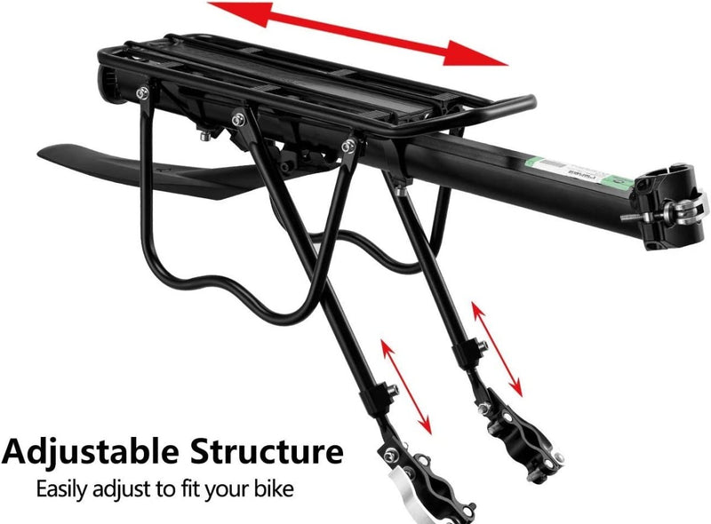 Laad afbeelding in Galerijviewer, De &quot;Ontdek de ultieme fietsbagagedrager voor mountainbike - Efficiënt en betrouwbaar&quot; heeft een verstelbare structuur met rode pijlen voor universele compatibiliteit, waardoor hij gemakkelijk op uw fiets past.
