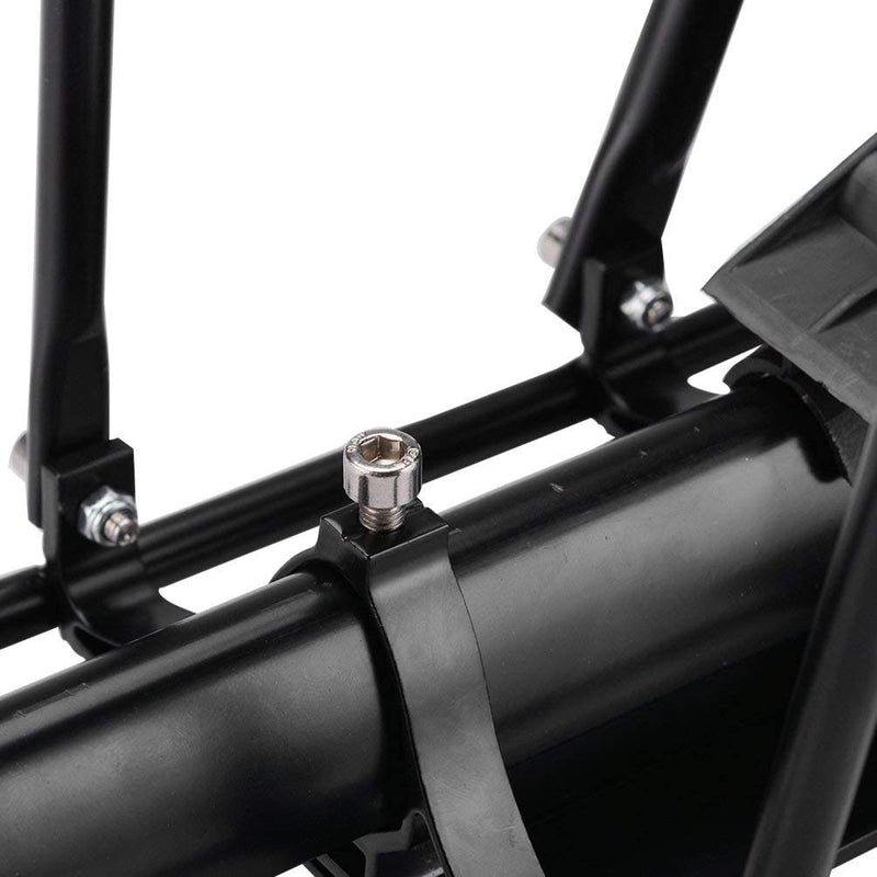 Laad afbeelding in Galerijviewer, Een close-up van het zwarte metalen frame en de cilindrische stang benadrukt het robuuste design van de mountainbike. Bovenop een beugel is een zilveren schroef zichtbaar, wat de universele compatibiliteit met verschillende fietsendragers benadrukt, zoals de &#39;Ontdek de ultieme fiets bagagedrager voor mountainbike.&#39;.
