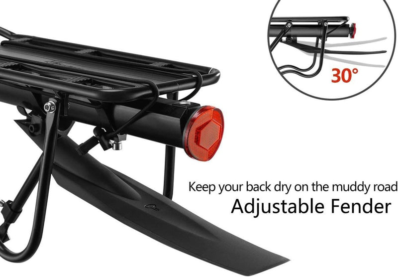 Laad afbeelding in Galerijviewer, De &quot;Ontdek de ultieme fiets bagagedrager voor mountainbike - Efficiënt en betrouwbaar&quot; is compatibel met mountainbikes en bevat een verstelbaar spatbord, rode reflectorlamp en 30 graden spatbordversteltekst.
