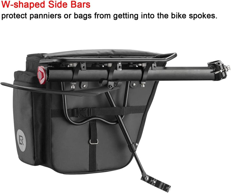 Laad afbeelding in Galerijviewer, De &quot;Ontdek de ultieme fiets bagagedrager voor mountainbike&quot; is een zwarte bagagedrager met W-vormige zijstangen om de tassen te beschermen tegen spaken, voorzien van een rode sluiting en verstelbare steunstangen voor universele compatibiliteit met elke fiets bagagedrageropstelling.
