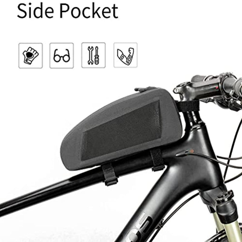 Load image into Gallery viewer, De Ontdek behuizing herenfiets frametas is een kleine zwarte fietstas gemaakt van 840D nylon TPU, bevestigd aan de bovenbuis met klittenband. Het heeft een zijvak en is ideaal voor het veilig opbergen van gereedschap en benodigdheden tijdens uw rit.
