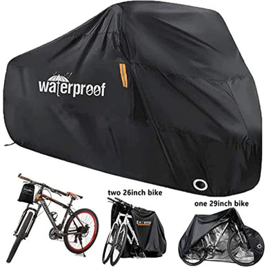 Waterdicht en UV-bestendig, de zwarte Weerbestendige Fietshoes beschermt maximaal twee 26-inch fietsen of één 29-inch fiets. Bevat kleine afbeeldingen van onbedekte en bedekte fietsen voor optimaal weerbestendigheid.