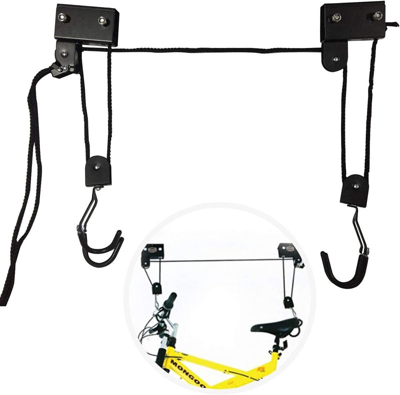 Load image into Gallery viewer, Optimaal ruimtegebruik en veiligheid: Ontdek onze fietslift met een katrolsysteem en haken, ideaal voor een efficiënt fietsophangsysteem en ruimtebesparing, geïllustreerd met een problematische fiets.
