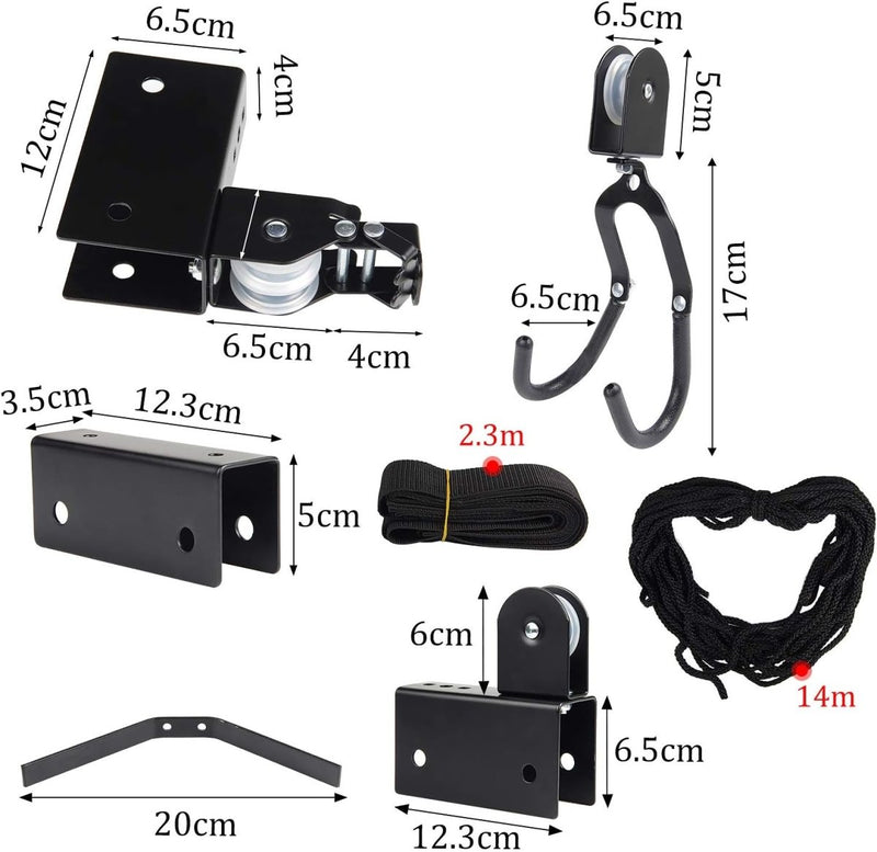 Load image into Gallery viewer, Een groot zwart katrolsysteem aan het plafond met beugels, haken en touwen, vergelijkbaar met een fietslift; perfect voor ruimtebesparing. Het is gelabeld met afmetingen in centimeters. Product: Optimaal ruimtegebruik en veiligheid: Ontdek onze fietslift!.
