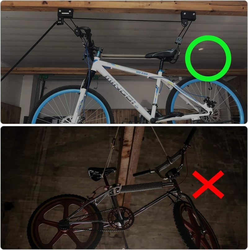 Load image into Gallery viewer, Twee afbeeldingen van fietsen die beveiligd zijn met &quot;Optimaal ruimtegebruik en veiligheid: Ontdek onze fietslift!&quot; De bovenste afbeelding toont een correct gepositioneerde fiets, gemarkeerd met een groene cirkel, en de onderste toont een verkeerd gemonteerde fiets, gemarkeerd met een rode X, wat optimale ruimtebesparing aantoont.
