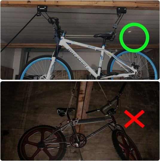 Twee afbeeldingen van fietsen die beveiligd zijn met "Optimaal ruimtegebruik en veiligheid: Ontdek onze fietslift!" De bovenste afbeelding toont een correct gepositioneerde fiets, gemarkeerd met een groene cirkel, en de onderste toont een verkeerd gemonteerde fiets, gemarkeerd met een rode X, wat optimale ruimtebesparing aantoont.