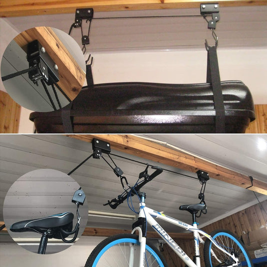 Een fiets- en bakbox hangen op ingenieuze wijze aan het plafond van een garage met de optie "Optimaal ruimtegebruik en veiligheid: Ontdek onze fietslift!" Close-up inzetstukken benadrukken het efficiënte katrolmechanisme en de bevestigingspunten van dit innovatieve fietsophangsysteem.