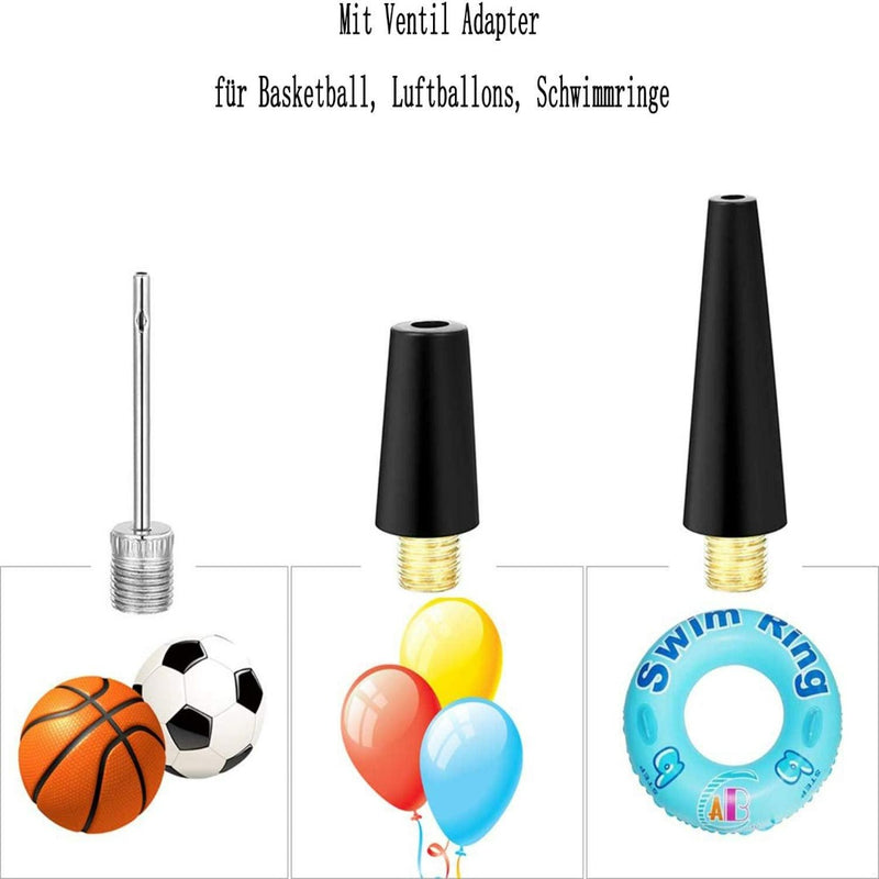Laad afbeelding in Galerijviewer, De Fietsventiel adapterset bestaat uit drie oppompenadapters voor het oppompen van basketballen, voetballen, ballonnen en zwemringen, plus een fietsventieladapter, elk met afbeeldingen.
