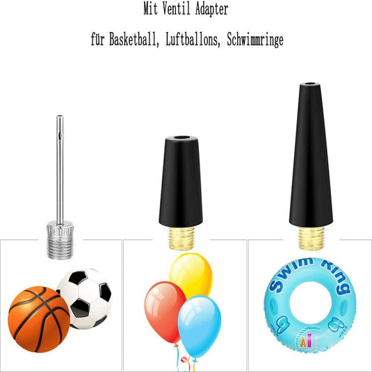 De Fietsventiel adapterset bestaat uit drie oppompenadapters voor het oppompen van basketballen, voetballen, ballonnen en zwemringen, plus een fietsventieladapter, elk met afbeeldingen.