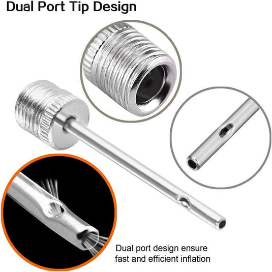 Close-up van een ontwerp met een naaldventiel met dubbele poort voor het oppompen van ballen, met gedetailleerde beelden van de metalen naald en poorten, gecombineerd met een Fietsventiel-adapterset voor veelzijdig gebruik op alle fietsbanden.