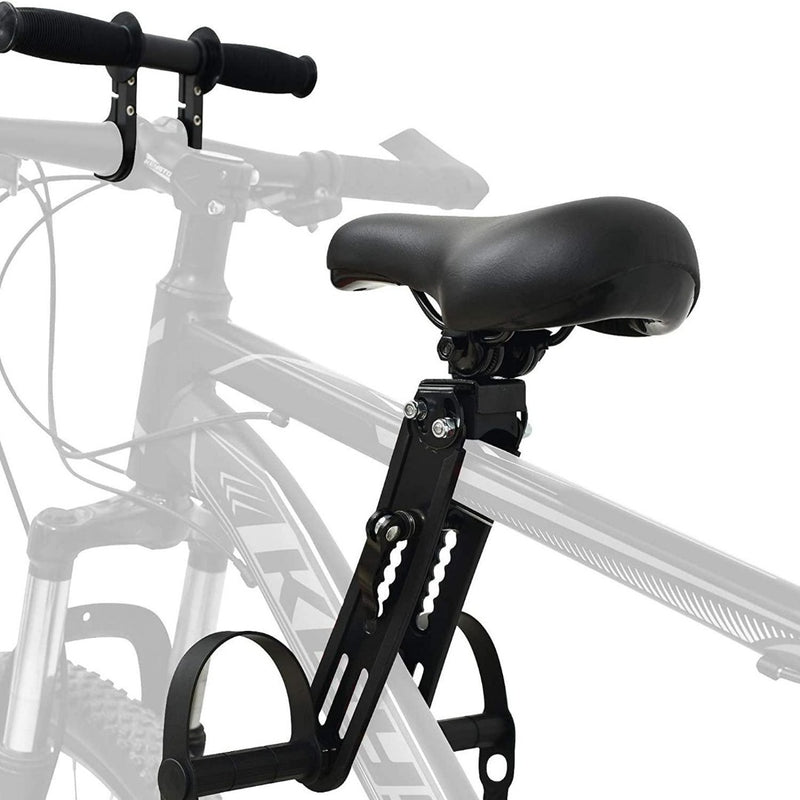 Laad afbeelding in Galerijviewer, Het Veilig en comfortabel stangzadel voor kinderen, met verstelbare positionering en verstelbare voetsteunen, wordt gemonteerd op een fietsframe weergegeven.
