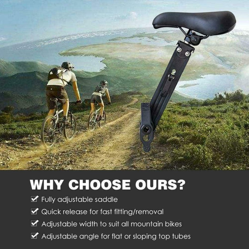 Laad afbeelding in Galerijviewer, Mountainbikers genieten van de afdaling met een inzetafbeelding van een fietszadel met tekstoverlay: volledig verstelbaar, snel los te maken, geschikt voor alle mountainbikes, verstelbare hoek. Verbeter uw rit met ons Veilig en comfortabel stang zadel voor kinderen, ontworpen om comfort en avontuur te maximaliseren.

