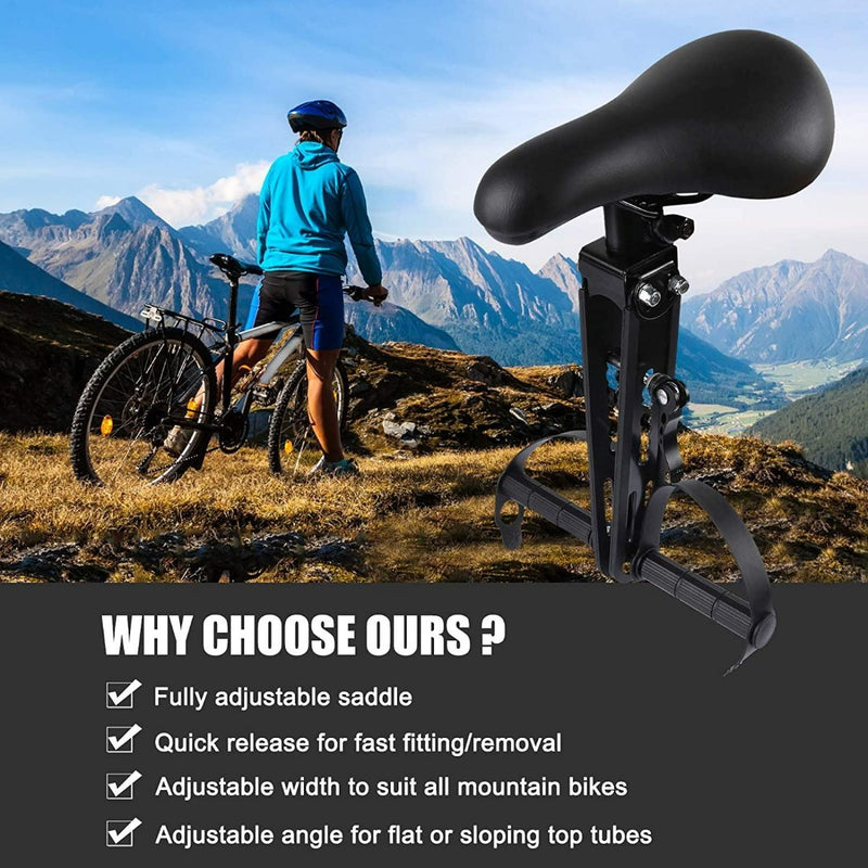 Laad afbeelding in Galerijviewer, Een persoon met een mountainbike staat op een heuvel, met op de voorgrond de nadruk op de verstelbare &quot;Veilig en comfortabel stang zadel voor kinderen&quot; zadel- en stuurmontage.
