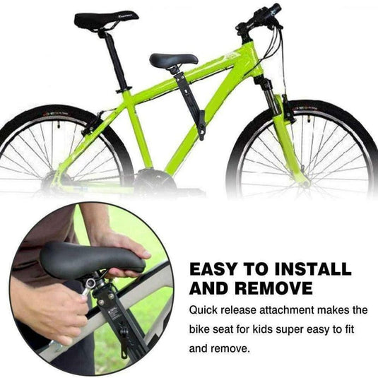 Groene fiets met een zwart "Veilig en comfortabel stangzadel voor kinderen" voorzien van stuurmontage voor stabiliteit. Het biedt eenvoudige installatie en verwijdering, een snelontgrendelingsmechanisme en verstelbare voetsteunen voor comfort.