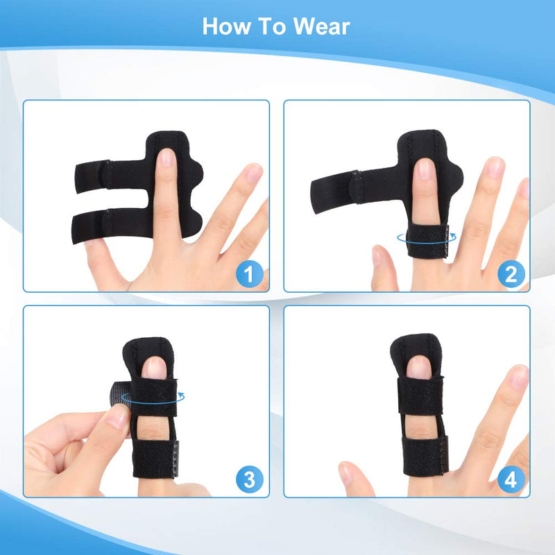 Laad afbeelding in Galerijviewer, Instructies voor de Beste vingerspalk voor herstel en verlichting: 1) Plaats de vinger op de hamervinger, 2) Wikkelband, 3) Verstel voor comfort van de trekkervinger, 4) Veilig op zijn plaats.

