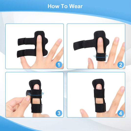 Instructies voor de Beste vingerspalk voor herstel en verlichting: 1) Plaats de vinger op de hamervinger, 2) Wikkelband, 3) Verstel voor comfort van de trekkervinger, 4) Veilig op zijn plaats.