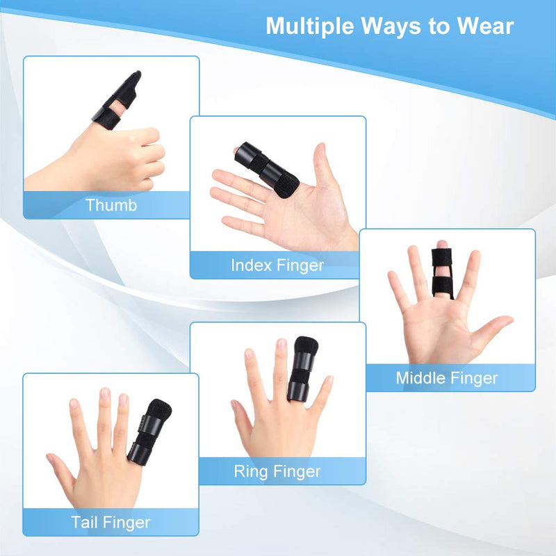 Laad afbeelding in Galerijviewer, Een illustratie toont een kleine kwast op vingers—duim, wijsvinger, middelvinger, ringvinger en pink—met &quot;Multiple Ways to Wear,&quot; ideaal voor creatieve stijlen. Geïnspireerd door de aanpasbaarheid van Beste vinger spalk voor herstel en verlichting.
