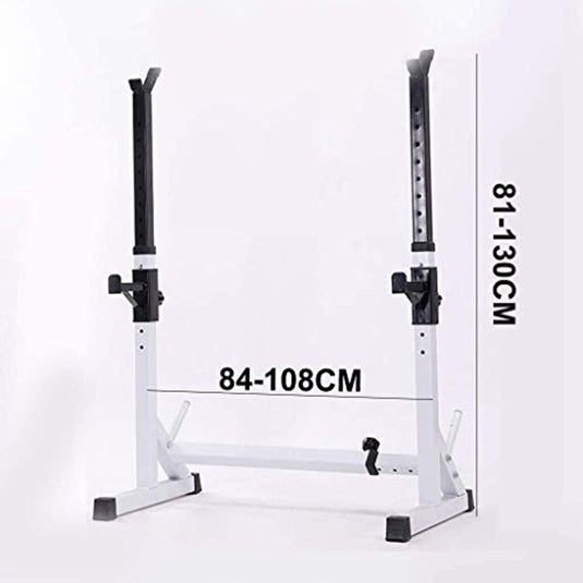Verstelbaar wit en zwart squatrek, ideaal voor krachttraining, heeft een hoogtebereik van 81-130 cm en een breedtebereik van 84-108 cm. Probeer onze 