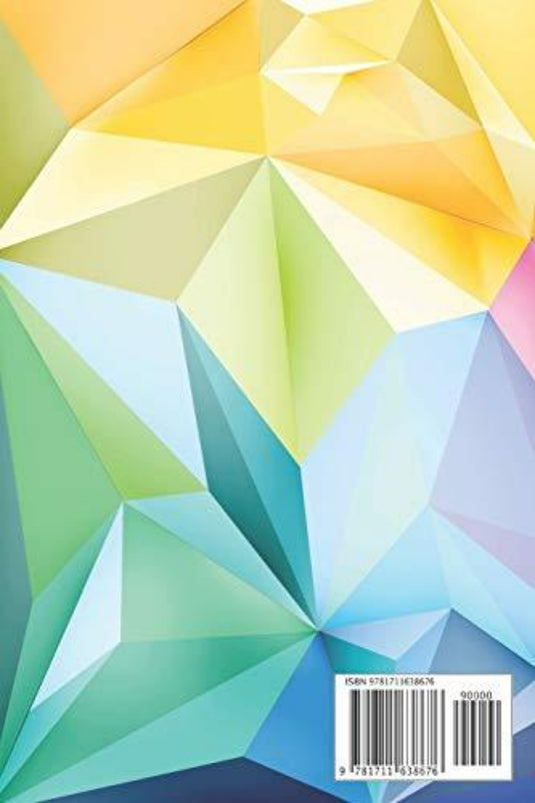 Met een abstracte geometrische achtergrond met kleurrijke polygonen in groen, geel en blauw, is het ontwerp een aanvulling op een fitnessdagboek genaamd 